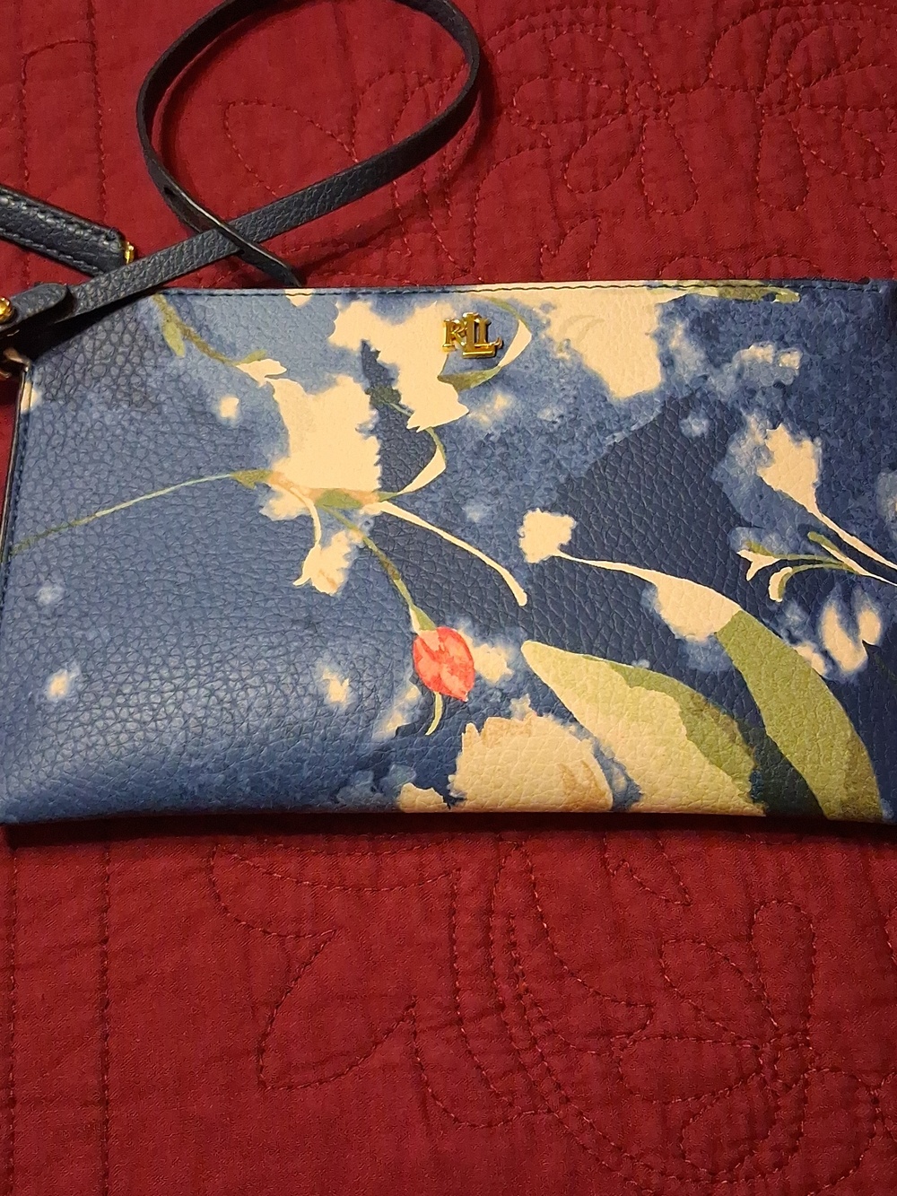Ralph Lauren Navy Floral Zip Wristlet with Gold RL Logo